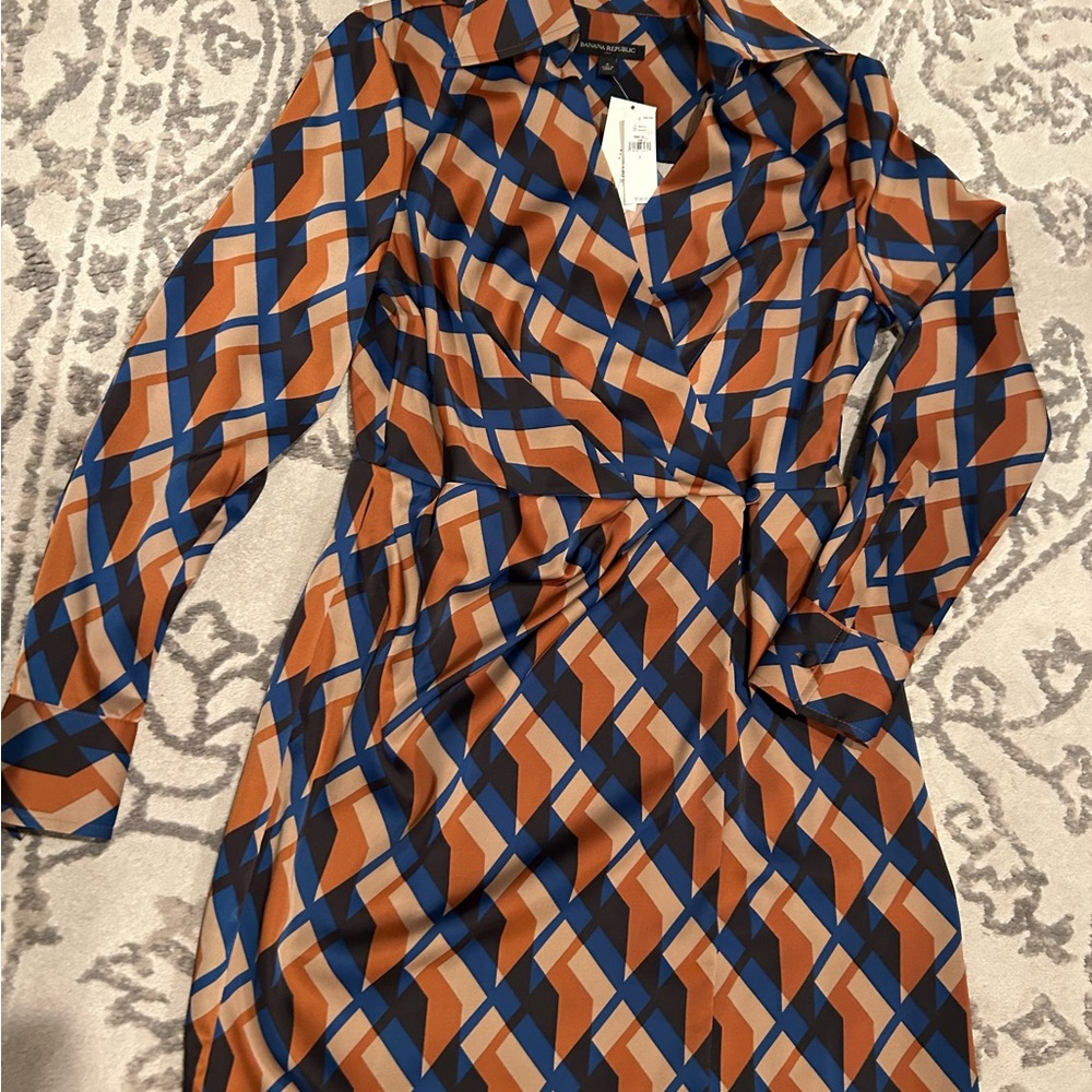 Banana Republic Geometric Long Sleeve Dress in Blue and Tan